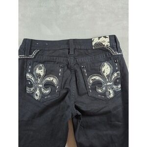 Miss Me Mid Rise Bootcut Jeans Womens 31 Black Real Fur Cowprint Fleur De Lis